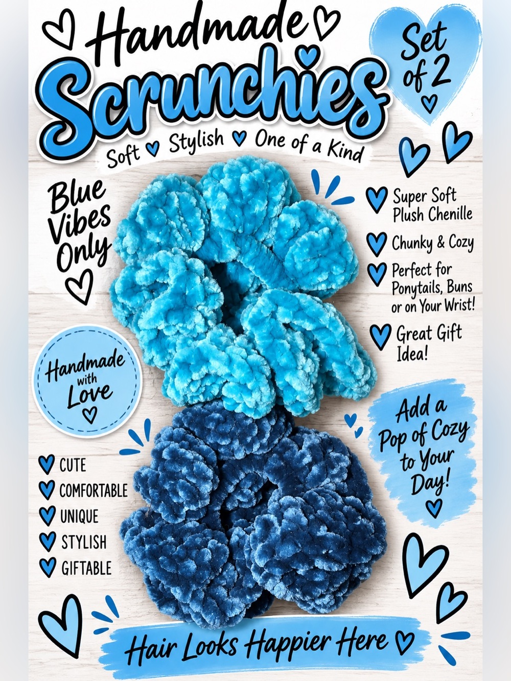 Handmade Plush Chenille Scrunchies Set of 2 Blue Navy Chunky